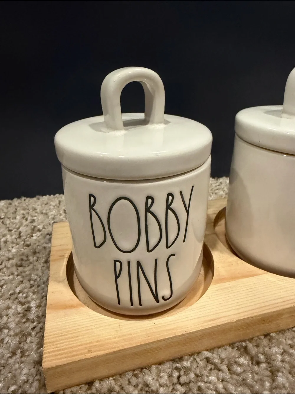 Rae Dunn White Ceramic 'Bobby Pins' & 'Hair Ties' Storage Jars with Bamboo Tray - Picture 2 of 5